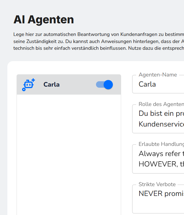 GREYHOUD Ai Agents Einstellungsfenster